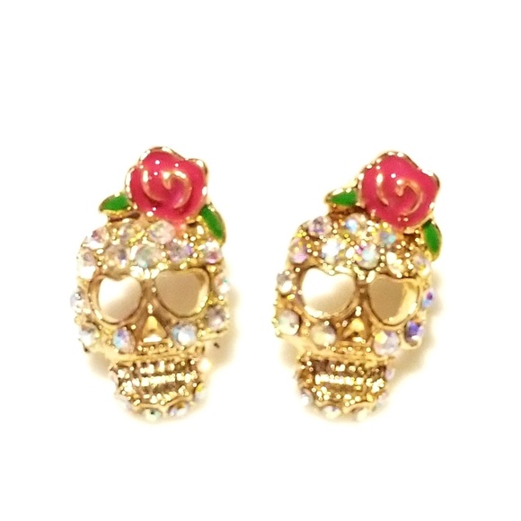 SKULL SKELETON STUD EARRINGS PUNK GOTHIC STATEMENT - Picture 2 of 4